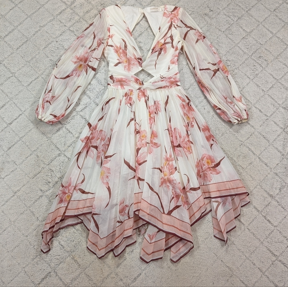 Zimmermann White Floral Midi Dress with Pink Blossom Print
